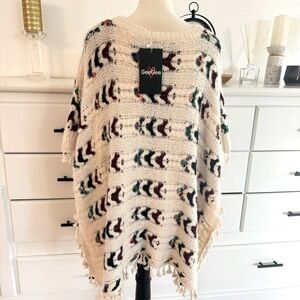 GeeGee Chunky Knit Colorful Tassel Poncho Size Large